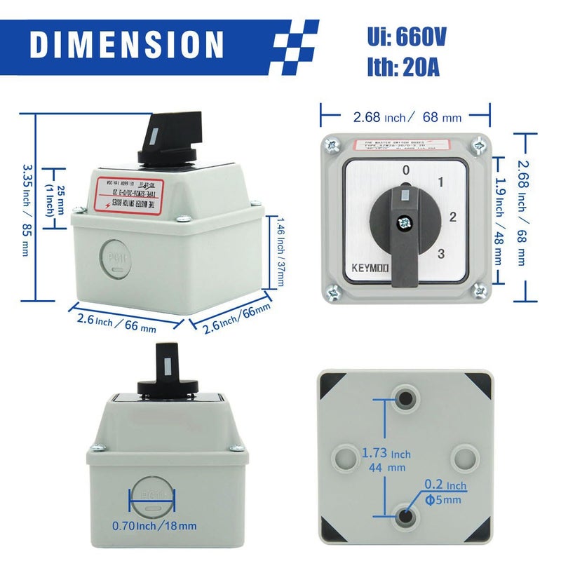 Keymoo 20A Black Rotary Changeover Switch with Box, 3-Way 1 NO 1 NC, 660V 8 Terminals, Universal Selector Switch with Fork Terminals, IP65 (4 Positions 2 Poles - Black - Image 3
